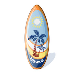 Surfboard with a national Hawaiian pattern from the palm trees and sun, and the inscription Hawaii. Holidays in the Hawaiian Islands. Vector illustration. Sports equipment in cartoon style.