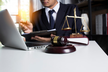 Lawyer working with laptop and interface icon