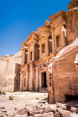 Giant temple of Monastery in sandstone and columns of the ancient Bedouin city of Petra, Jordan