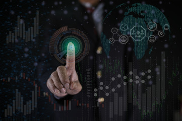 hand pushing a button on touch screen interface