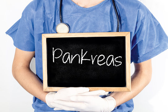Doctor shows information on blackboard: pankreas.  Medical concept.