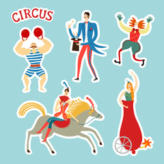 Sticker style circus characters cartoon illustration