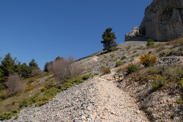 track across a scree slope up to Els Frares limestone rock pinnacles near Quatretondeta, Sierra de Serrella, Alicante Province, Spain