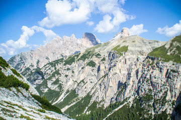 Breathtaking landscape scenic view of mountain range in Italian Dolomites. View of tourist popular Tre Time di Lavaredo hiking trail. Summer scenery. South Tyrol, Auronzo, Italy, Europe