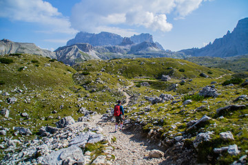 Fototapeta na wymiar Breathtaking landscape scenic view of mountain range in Italian Dolomites. View of tourist popular Tre Time di Lavaredo hiking trail. Summer scenery. South Tyrol, Auronzo, Italy, Europe
