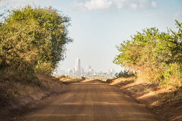 distant view of Nairobi city center - capital city of Kenya, East Africa - from Nairobi National Park - obrazy, fototapety, plakaty