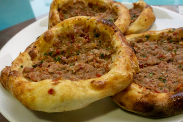 Traditional Turkish pide (pizza), delicious, mince,