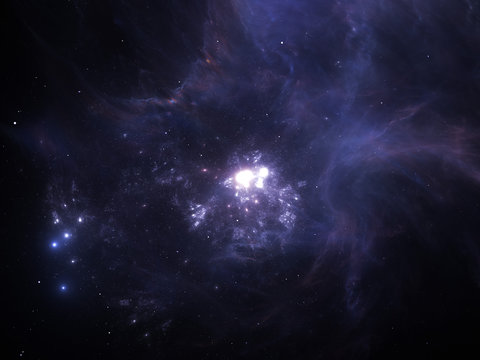 Vast interstellar deep space, starfield, stars and space dust scattered throughout the universe. Cosmic artwork. Distant swirling galaxies, glowing nebula cloud, astral artwork. © Cedar