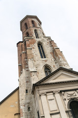 Old bell tower of Maria Magdalena Church, Budapest with bulletholes and artillery damage