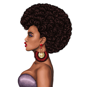  JPEG colored portrait of a African girl with magnificent curly afro hairstyle in retro style. Fashion model in profile with gold earrings with red tassels. Design card, print on t-shirt on white back