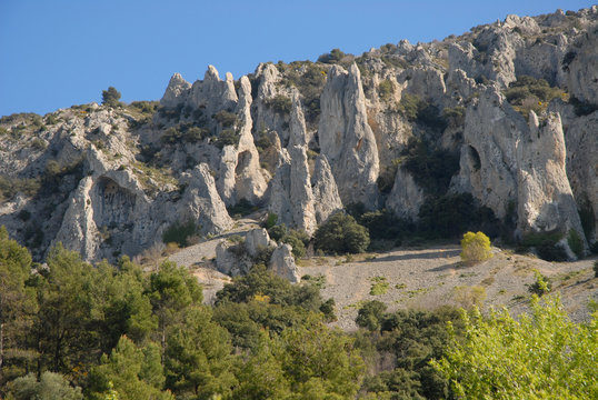 Els Frares limestone rock pinnacles near Quatretondeta, Sierra de Serrella, Alicante Province, Spain
