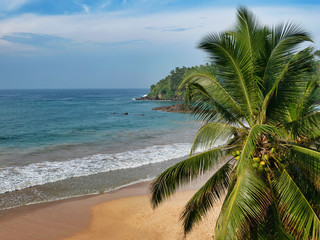 Beach in Mirissa. View from the Paradise Beach Club Hotel. Sri Lanka, March 16, 2019