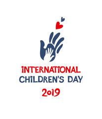 International Children's Day. 2019. Silhouette flat design of social logo. The palm of a child on the background of an adult's palm is a symbol of protection and a heart is a symbol of love.
