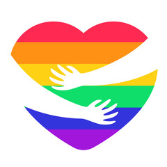 Fototapeta na wymiar Two Hands Hugging a Heart. LGBTQ+ related symbol in rainbow colors. Gay Pride. Raibow Community Pride Month. Love, Freedom, Support, Peace Symbol. Flat Vector Design Isolated on White Background