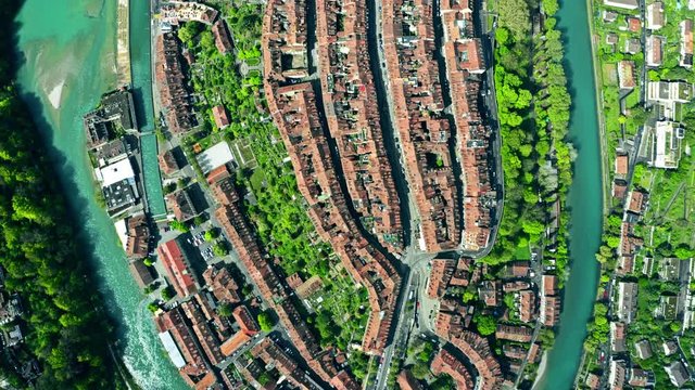 Aerial top-down hyperlapse of the Old City of Bern. Switzerland