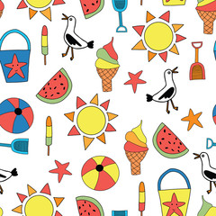 Summer objects seamless vector pattern. Sand bucket, shovel, ice cream cone, watermelon, popsicle, ball, seagull, starfish background.