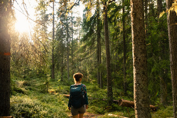Obraz premium Woman with red hair and blue shirt walking in forest, close