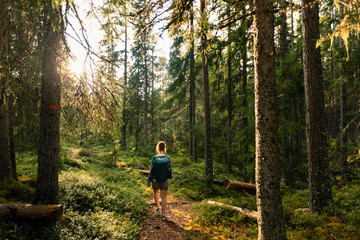 Obraz premium Kobieta z rudymi włosami i niebieską koszulą spacerującą po lesie, medium