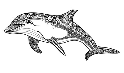 The bottlenose dolphin. Meditative coloring. Drawing by hand. Coloring for children. Points, stripes, arrows.