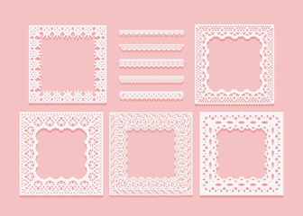 Set of white lace frames of square shapes and dividers. Openwork vintage elements isolated on a pink background