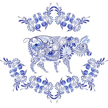 Pig blue patterned in the style of the national painting on porcelain. Flower frame. Isolated on white background