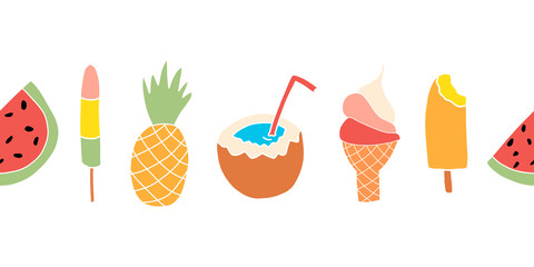 Summer treats seamless vector border. Repeating banner design with watermelon, popsicle, pineapple, coconut, ice cream cone