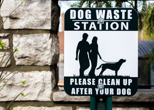 black and white sign directing people to a Dog Waste Station 