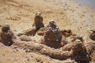 Sand castle and seashells on the beach or in the sandbox. Selective focus, close-up, copy space.
