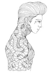 JPEG in profile a serious man with long hairstyle. Pensive boy with a tattoo weave and with wriggling snake on a muscular naked torso. Pattern for coloring page A4 size.