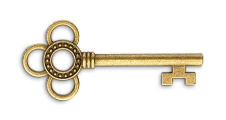 Vintage golden skeleton key isolated on white background