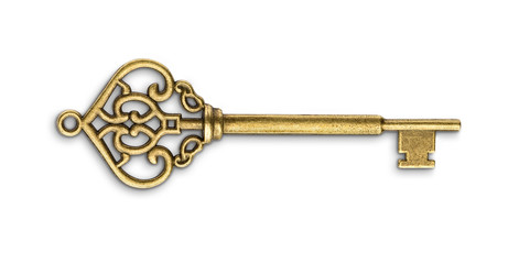 Vintage golden skeleton key isolated on white background