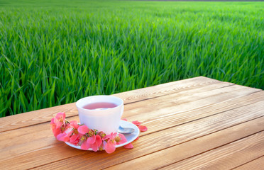 Mug with tea on the table in the green field