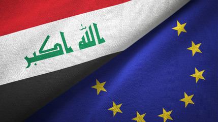Iraq and European Union two flags textile cloth, fabric texture