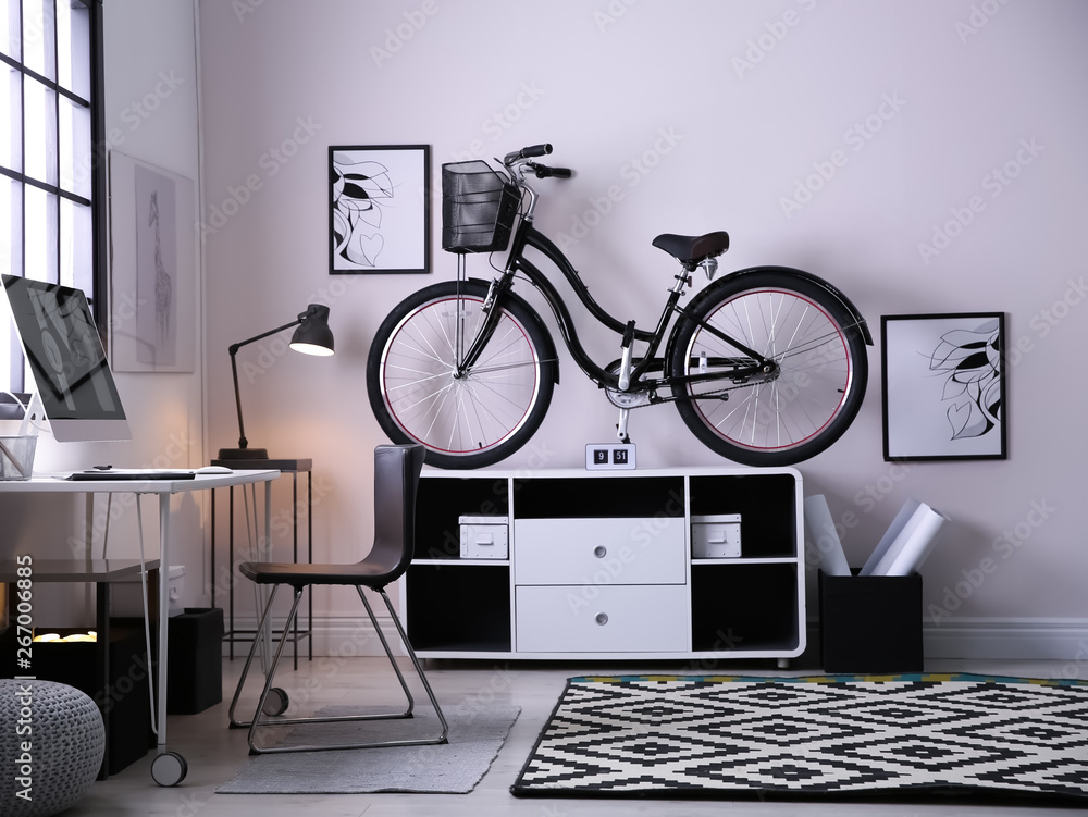 Sticker Stylish room interior with modern bicycle. Hipster design