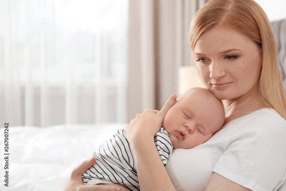 Sticker Mother with her sleeping baby in bedroom