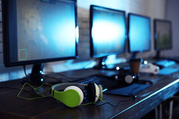 Internet cafe with modern computers for playing video games