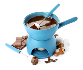 Fondue pot with chocolate and marshmallow isolated on white