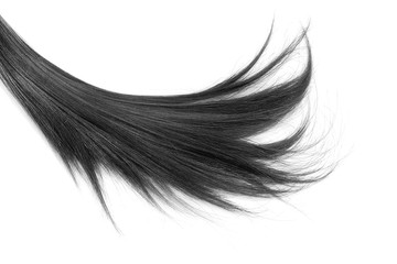 Long black hair isolated on white background. Healthy hair tips