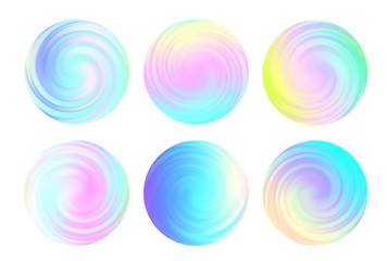Fototapeta premium Set of Unicorn Holographic Light Round Whirlpool Textures - Iridescent Rainbow Hologram Foil Material Background