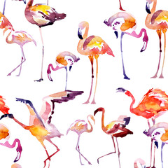 watercolor pattern,flamingos, isolated on a white. Big set.