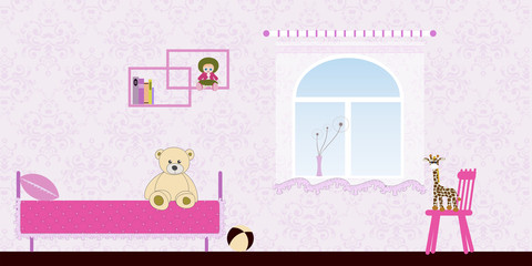 Children's Room Interior for Baby Girl - Cozy Atmosphere of Nursery - Vector Illustration in Pink Tones
