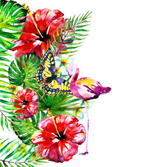 beautiful red flowers ,palm leaves, watercolor on a white