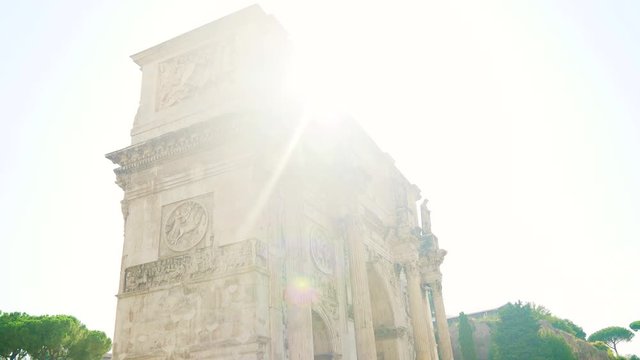 Beautiful shot from Palatine Hill to the Arch of Constantine to the Colosseum 4k