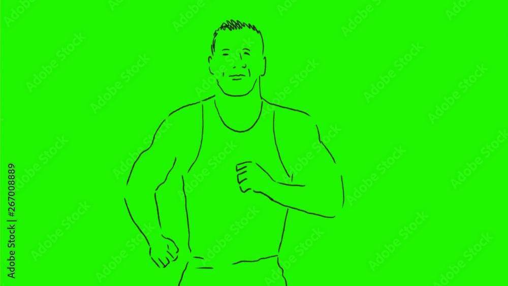 Poster 2d animation motion graphics drawing of a male marathon runner running front view on white and green