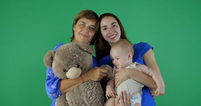 4k - Happy Family Of 3 Generation Of Woman On Green Screen.