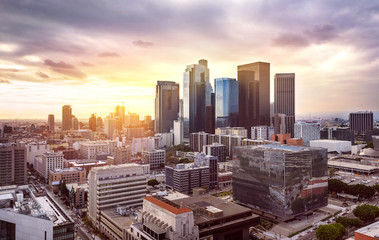 Naklejka na ściany i meble Downtown Los Angeles skyline at sunset