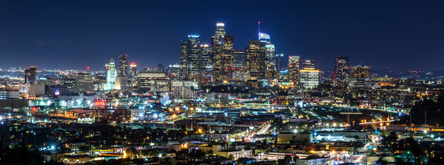 Downtown Los Angeles at night. Panoramic view