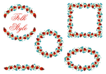 Set of Folklore Floral Borders - Ukraine Folksy Style Wreath - Vector Patterned Cadres