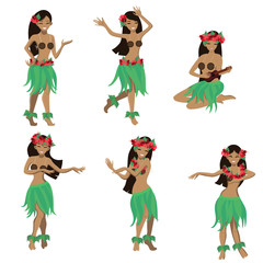Set of girl in dance and sing with ukulele positions. Beautiful graceful Hawaiian girl dancing hula in traditional costume. Garland and green skirt wearings. Vector cartoon illustration