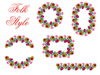 Set of Folk Flower Elements - Slav Folksy Style Garland - Vector Patterned Borders